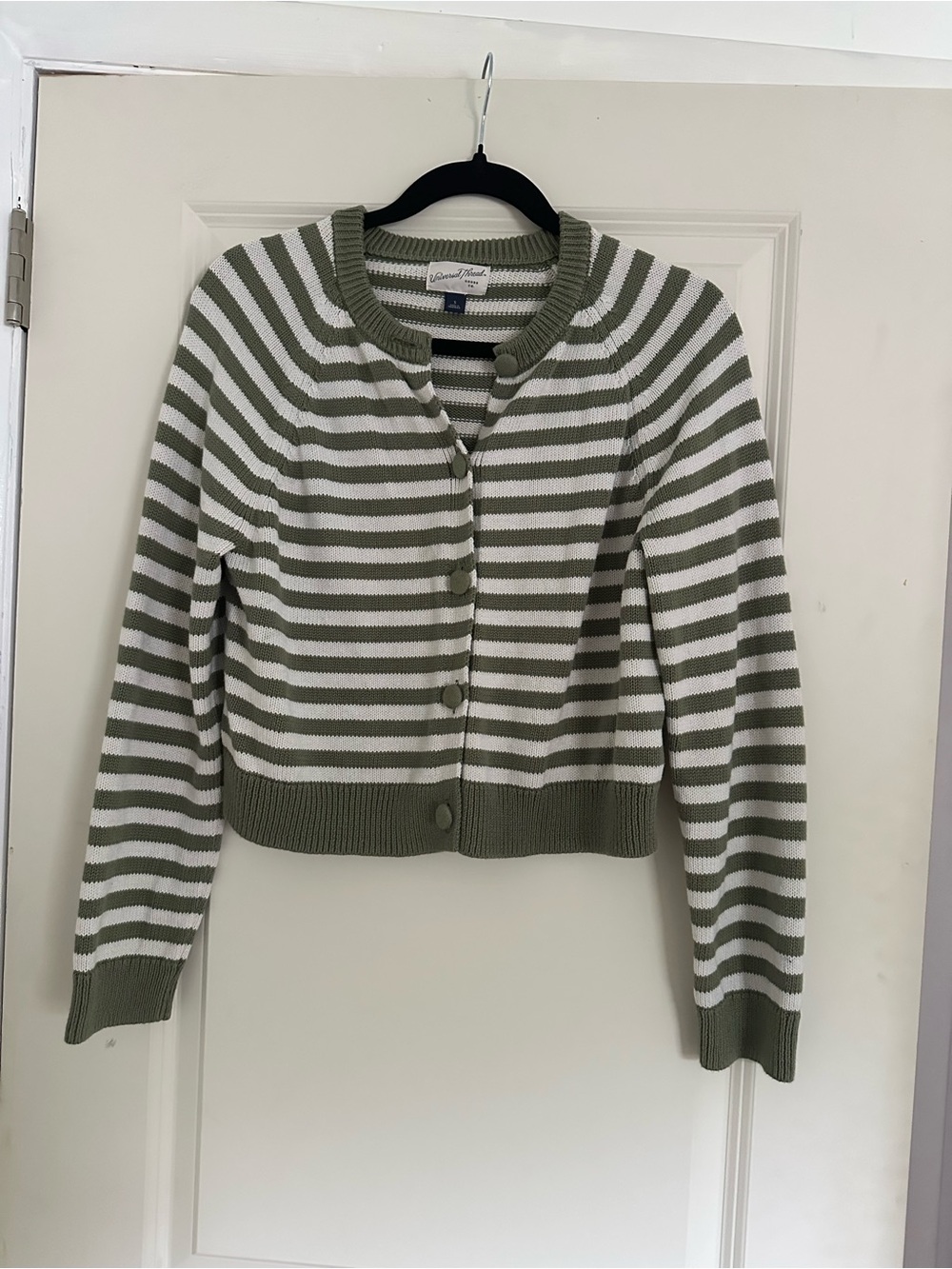 Universal Thread Olive Green and White Striped Button-Front Cardigan